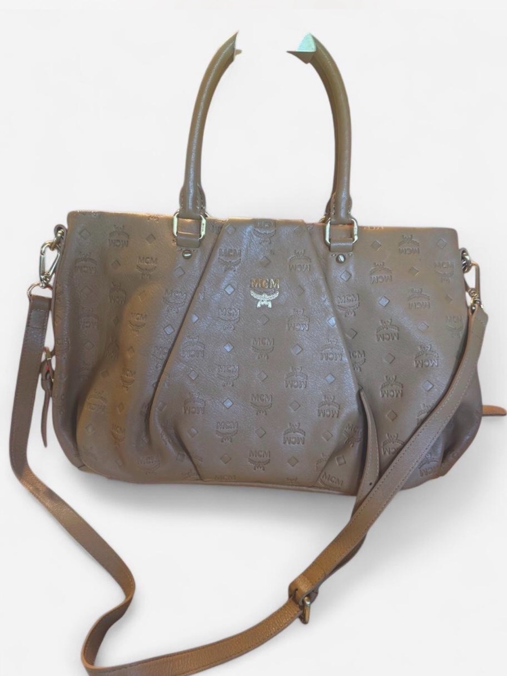 MCM Taupe Logo-Embossed Leather Shoulder Bag with Removable Strap